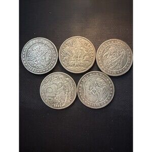 Lot Of 5 Fantasy Coins Pirate, Templar, Skeleton, Girl & Mason “Hobo Coins”